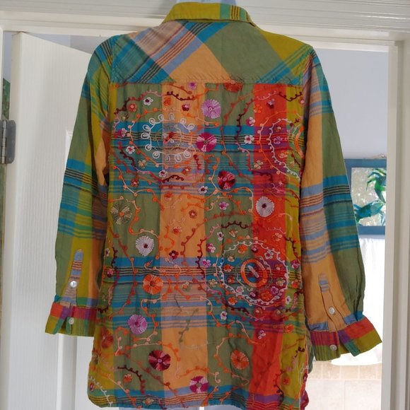 Soft Surroundings Tops - Soft Surroundings Plaid Floral Embroidered Colorful Long Sleeve Button Shirt M
